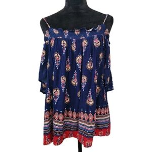 Meraki Blouse Sz L Boho Navy Blue Open Shoulder Vacation Summer Festival